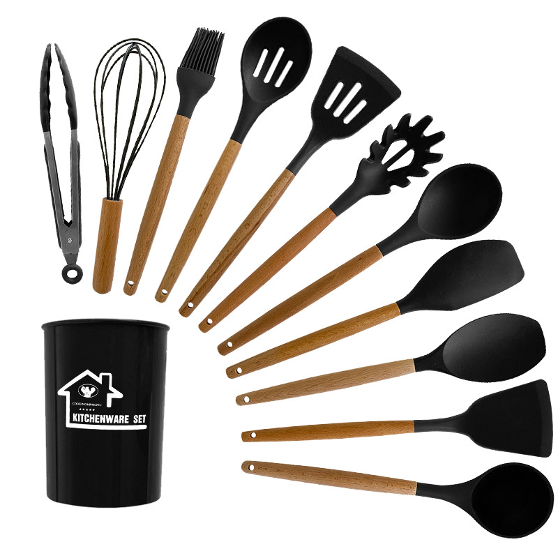 V888-ELOSUNG23149-202503251516-00 Black And Brown 12-Piece Silicone Kitchen Utensil Set - Non-Stick Food-Grade Silicone Cooking Tools with Wooden Handles and Holder - Image 1