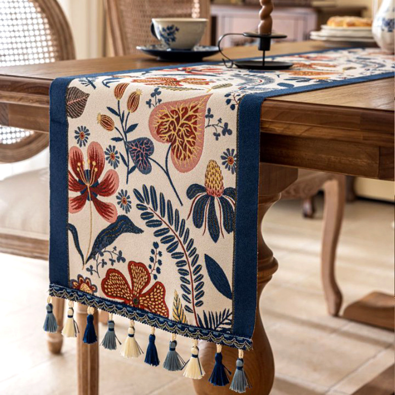V888-ELOSUNG23177-202503251843-00 35x260cm Blue Pastoral Table Runner - Spring Floral Oil Painting Style with Tassels - Image 1