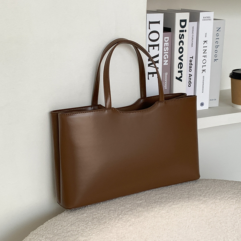 V888-ELOSUNG23241-202503252009-00 Coffee Large Capacity Tote Bag - Minimalist PU Leather Handbag for Daily Commute - Image 1