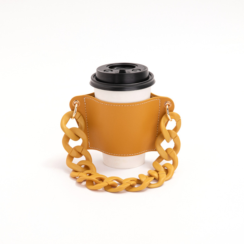 V888-ELOSUNG23259-202503251947-00 2 Pcs Yellow Detachable Chain Coffee Cup Sleeve - PU Leather Insulated Cup Holder with Handle, 16cm Top, 70g(Cup not included, only cup sleeve and chain) - Image 1