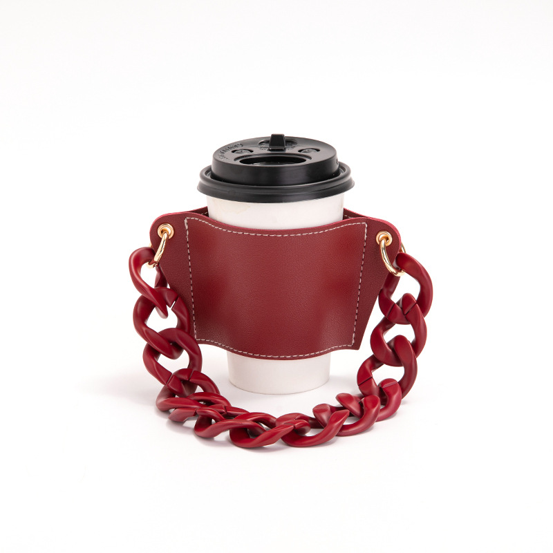 V888-ELOSUNG23262-202503251949-00 2 Pcs Red Detachable Chain Coffee Cup Sleeve - PU Leather Insulated Cup Holder with Handle, 16cm Top, 70g(Cup not included, only cup sleeve and chain) - Image 1