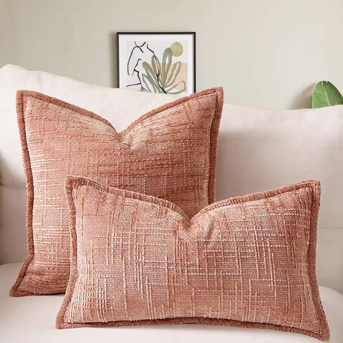 V888-ELOSUNG23275-202503251509-00 Pink Chenille Crosshatch Textured Pillow Covers Set of 2 - Modern Minimalist Sofa Bed Cushion Covers 45x45cm & 30x50cm(without pillow core) - Image 1