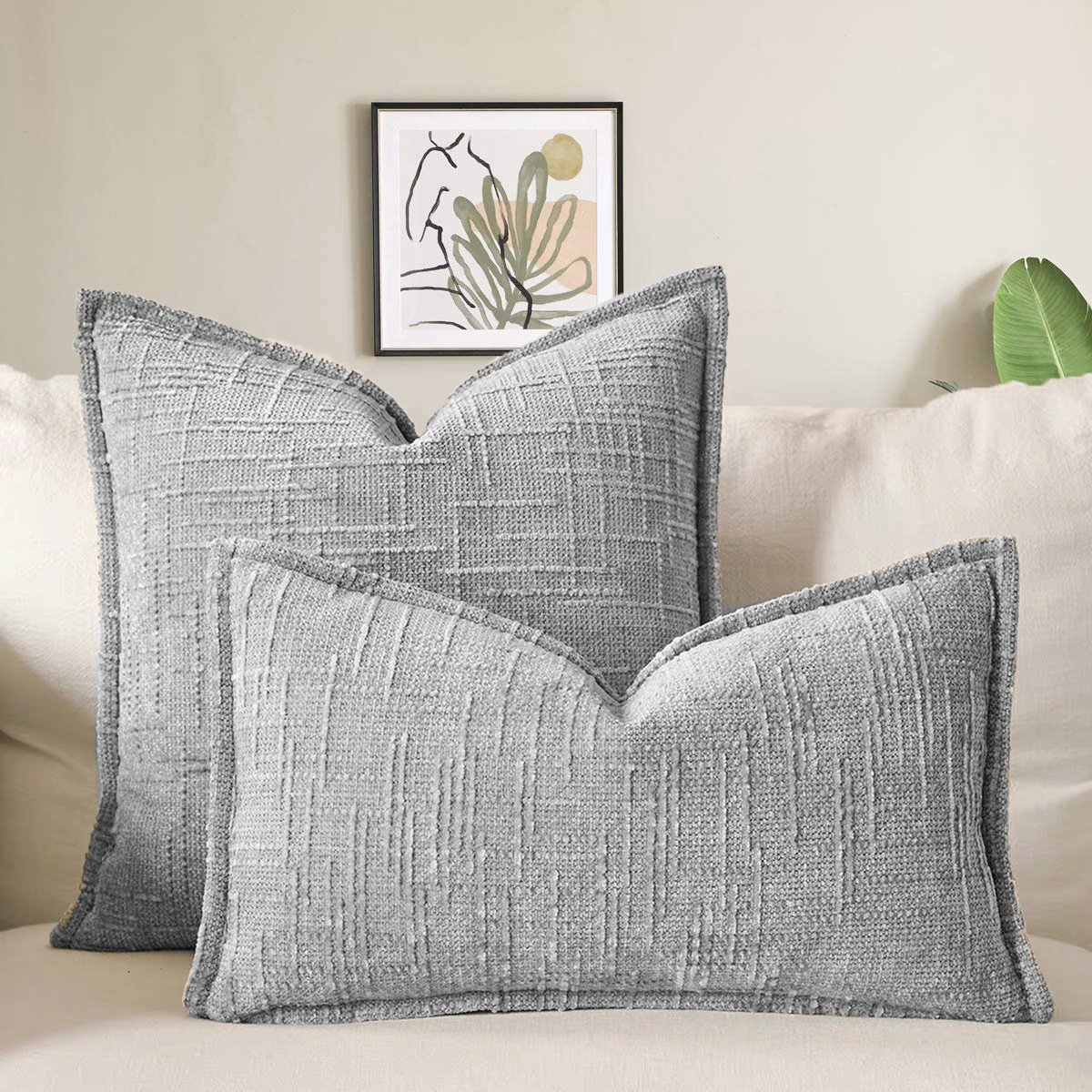 V888-ELOSUNG23279-202503251515-00 Grey Chenille Crosshatch Textured Pillow Covers Set of 2 - Modern Minimalist Sofa Bed Cushion Covers 45x45cm & 30x50cm(without pillow core) - Image 1