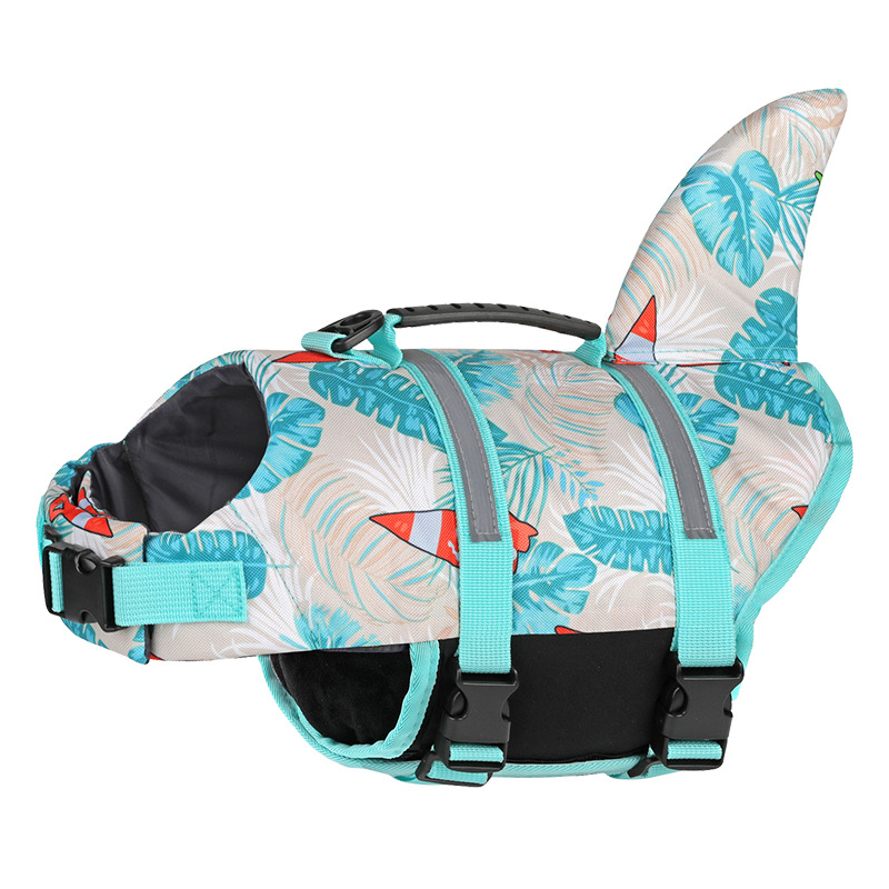 V888-ELOSUNG23303-202503251658-00 Size XS Beige And Blue Sailboat Pattern Pet Life Jacket for Dogs - Summer Swimming Safety Vest with Shark Fin for Small to Large Breeds - Image 1