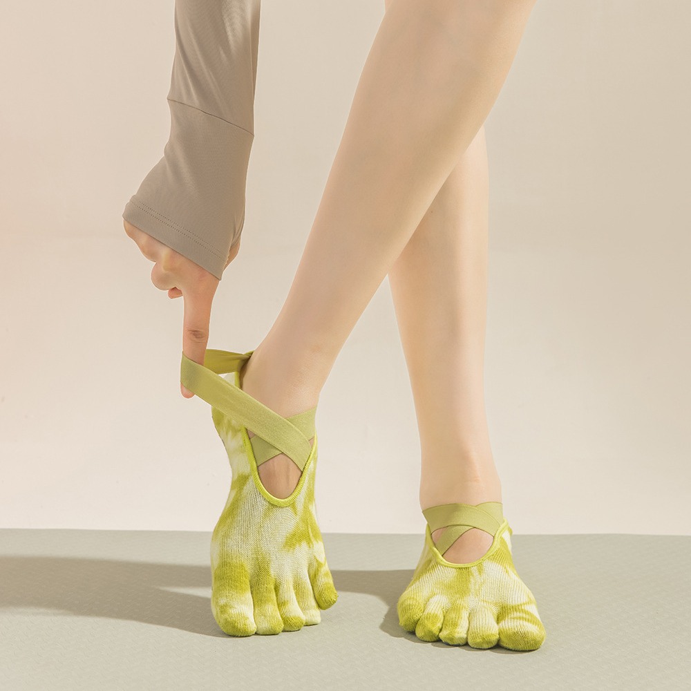 V888-ELOSUNG23364-202503271142-00 2 Pairs Light Green Tie-Dye Non-Slip Yoga Socks for Women - Five-Toe Cotton Blend Socks for Pilates and Indoor Sports - Image 1