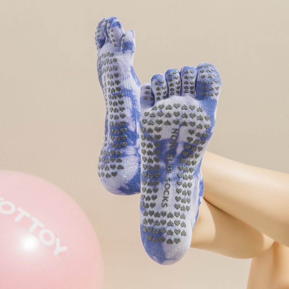 V888-ELOSUNG23365-202503271142-00 2 Pairs Blue Tie-Dye Non-Slip Yoga Socks for Women - Five-Toe Cotton Blend Socks for Pilates and Indoor Sports - Image 1