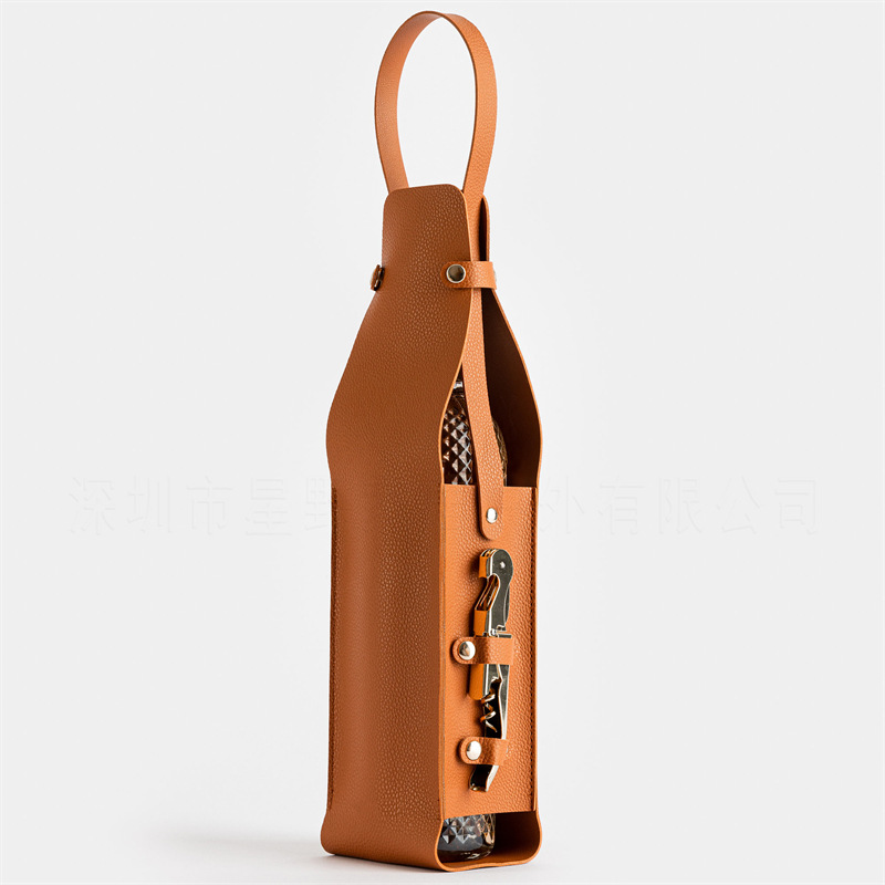 V888-ELOSUNG23410-202503280110-00 Brown Leather-Look Single Wine Bottle Carrier Bag with Handle and Side Pocket for Opener(Red wine and bottle opener are props for shooting and are not included) - Image 1