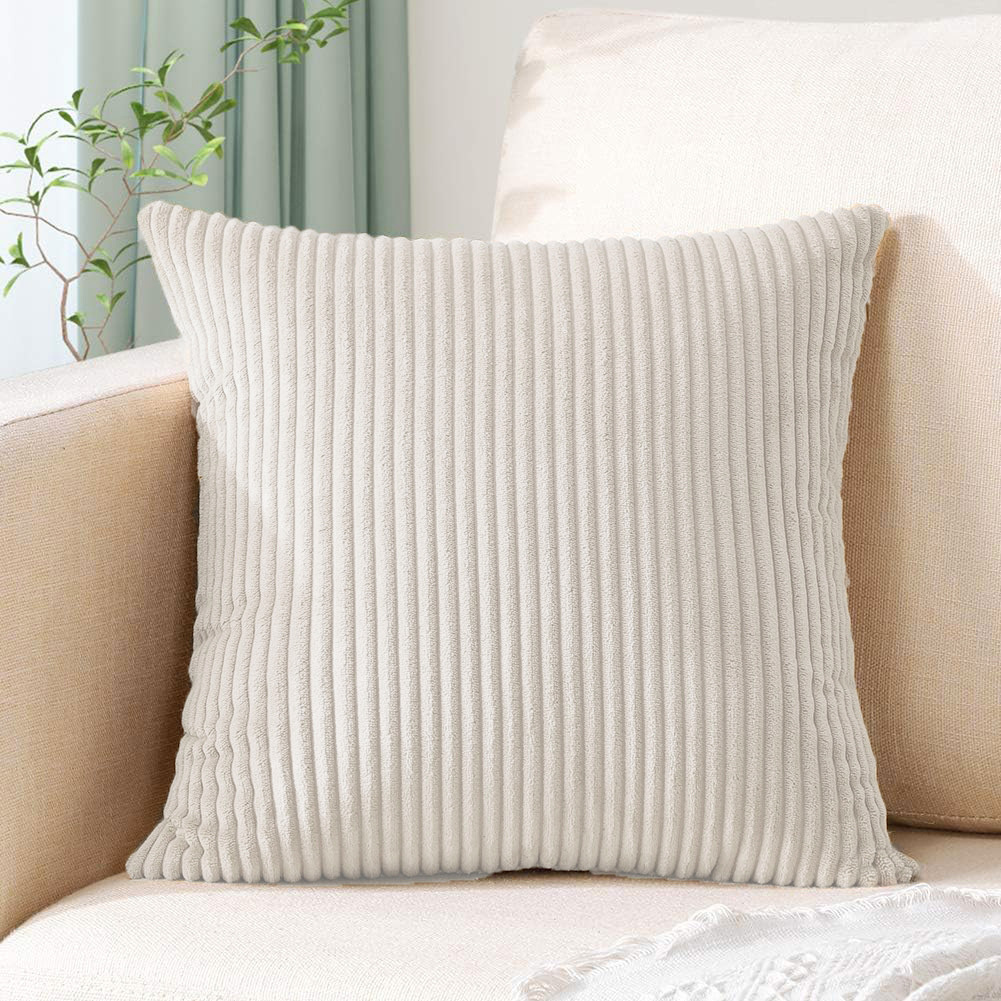 V888-ELOSUNG234472-202503282125-00 Beige Plush Striped Pillow Covers 45x45cm - Set of 4 Corduroy-Style Cushion Covers with Invisible Zipper, Soft and Washable for Sofa Decor - Image 1