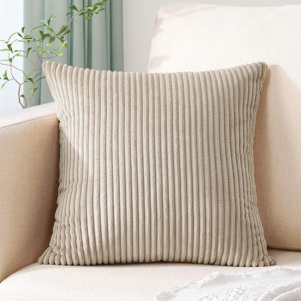 V888-ELOSUNG234474-202503282126-00 Light Brown Plush Striped Pillow Covers 45x45cm - Set of 4 Corduroy-Style Cushion Covers with Invisible Zipper, Soft and Washable for Sofa Decor - Image 1