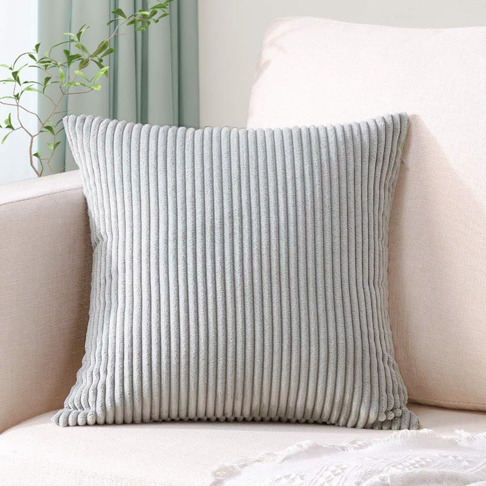 V888-ELOSUNG234481-202503282126-00 Light Grey Plush Striped Pillow Covers 45x45cm - Set of 4 Corduroy-Style Cushion Covers with Invisible Zipper, Soft and Washable for Sofa Decor - Image 1
