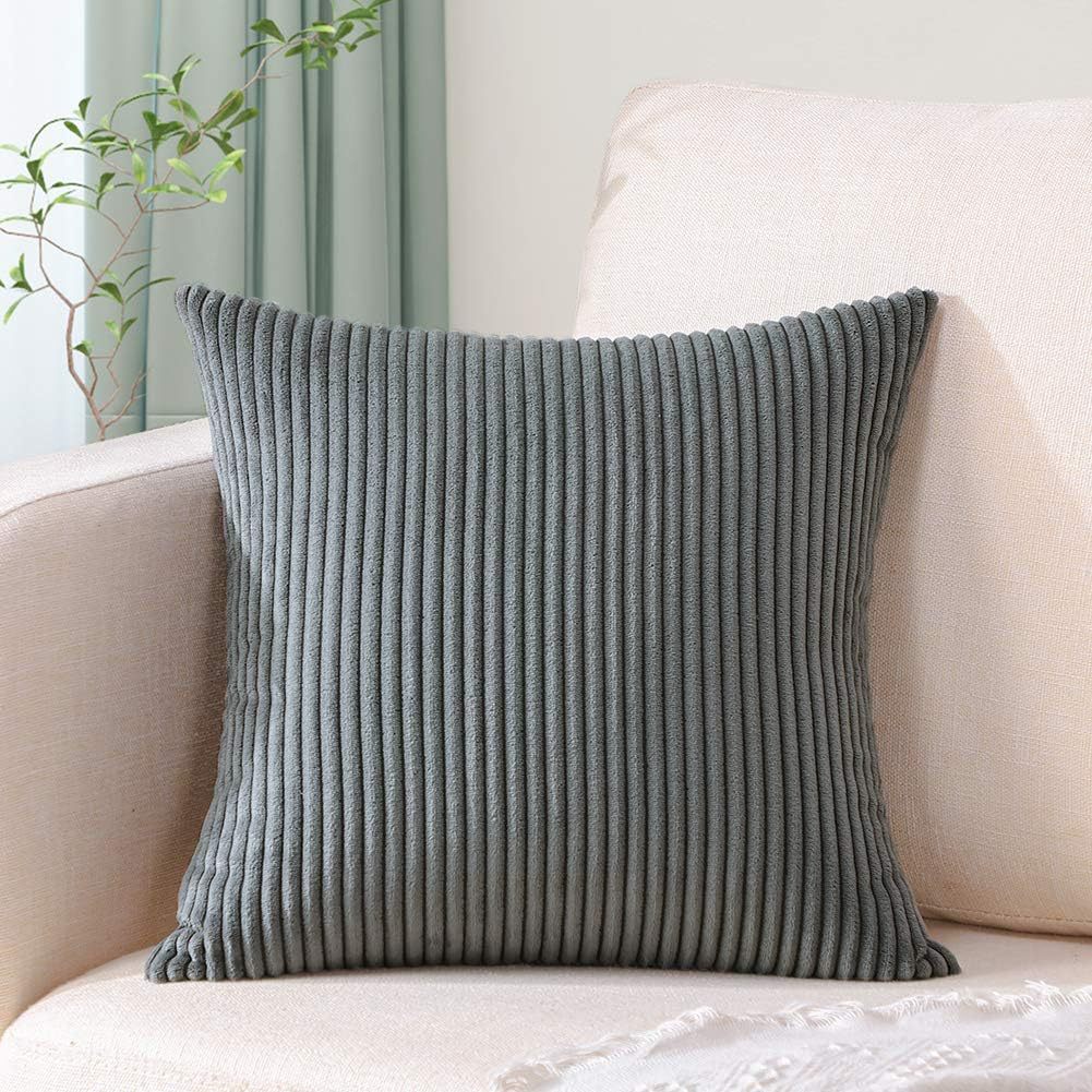 V888-ELOSUNG234482-202503282127-00 Dark Grey Plush Striped Pillow Covers 45x45cm - Set of 4 Corduroy-Style Cushion Covers with Invisible Zipper, Soft and Washable for Sofa Decor - Image 1