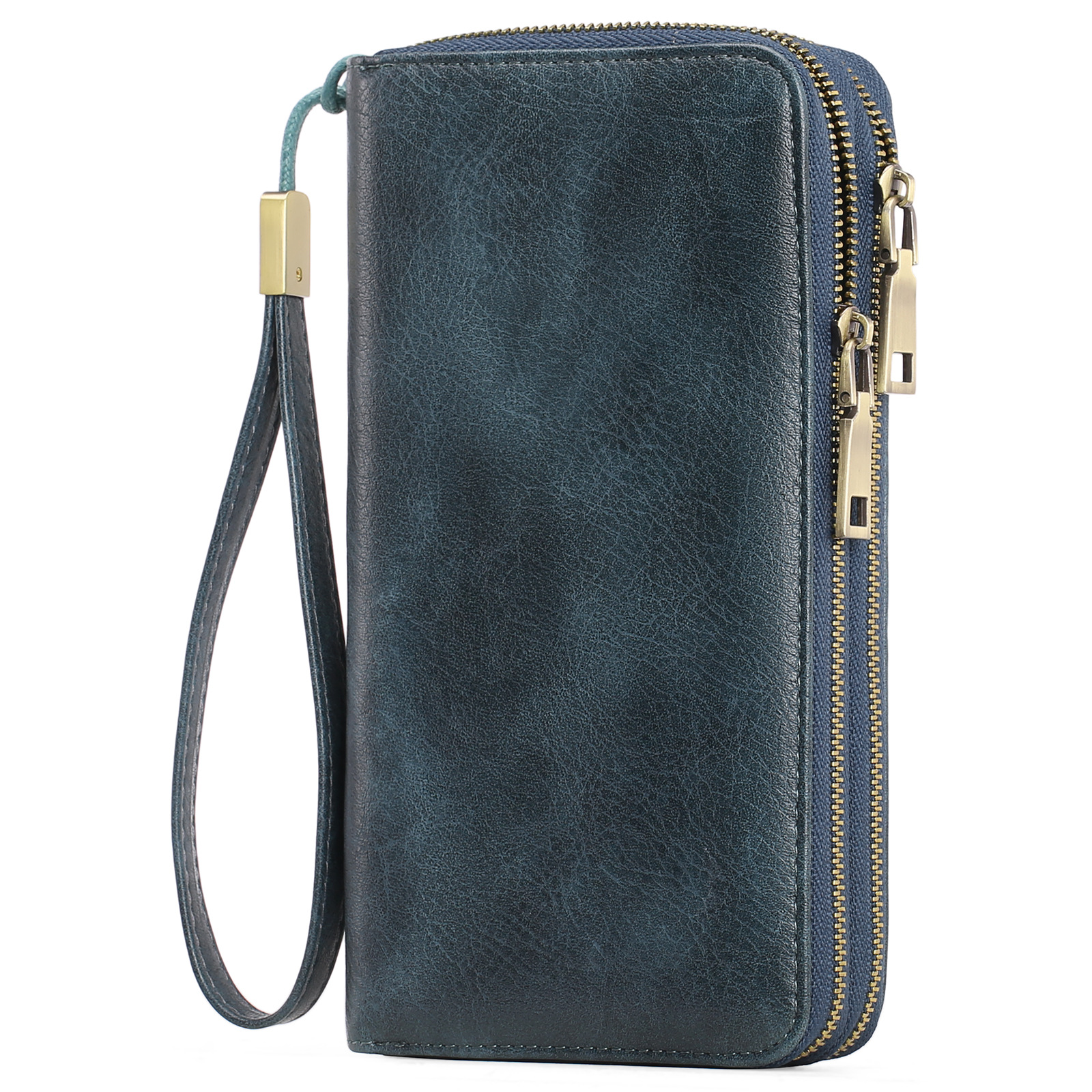 V888-ELOSUNG23499-202504011310-00 Dark Blue Double Zipper Women's Wallet - Large Capacity Clutch Organizer with Wristlet Strap - Image 1