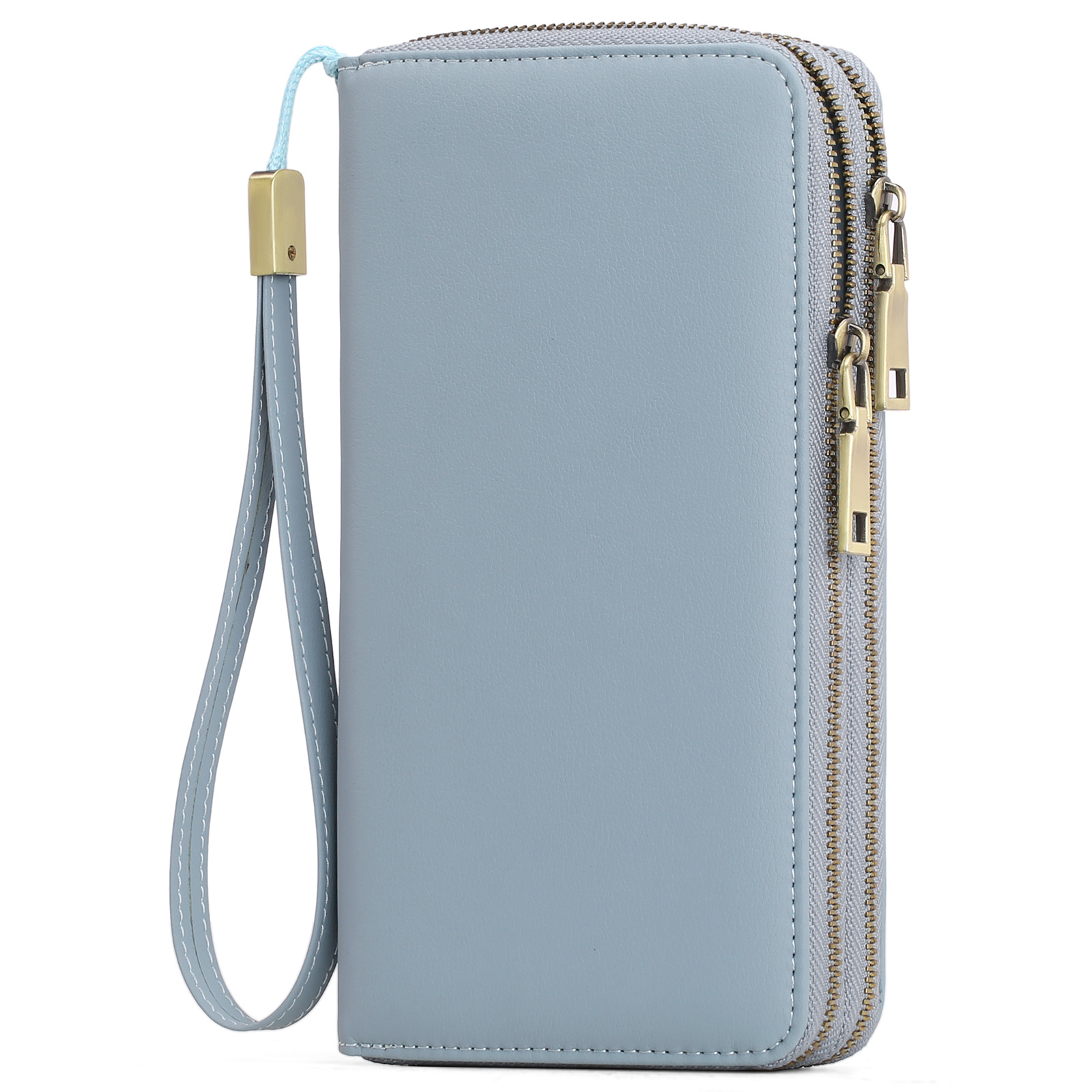 V888-ELOSUNG23500-202504011310-00 Light Blue Double Zipper Women's Wallet - Large Capacity Clutch Organizer with Wristlet Strap - Image 1