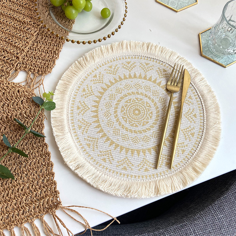 V888-ELOSUNG23527-202504011211-00 4 Pcs Beige and Yellow Boho Chic Woven Cotton Placemat with Tassels - Nordic Bohemian Style(Tableware is a prop for shooting and is not included) - Image 1