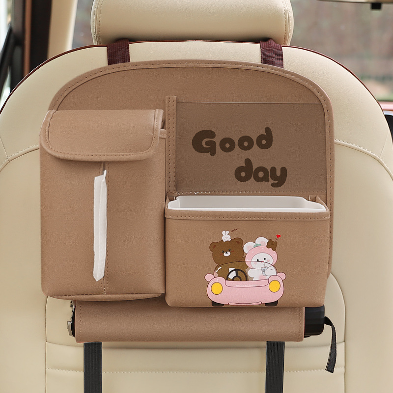 V888-ELOSUNG23531-202504011226-00 Brown Cute Cartoon Car Backseat Organizer with Multi-Pocket Storage and PP Trash Bin - 400g Lightweight PU Leather - Image 1