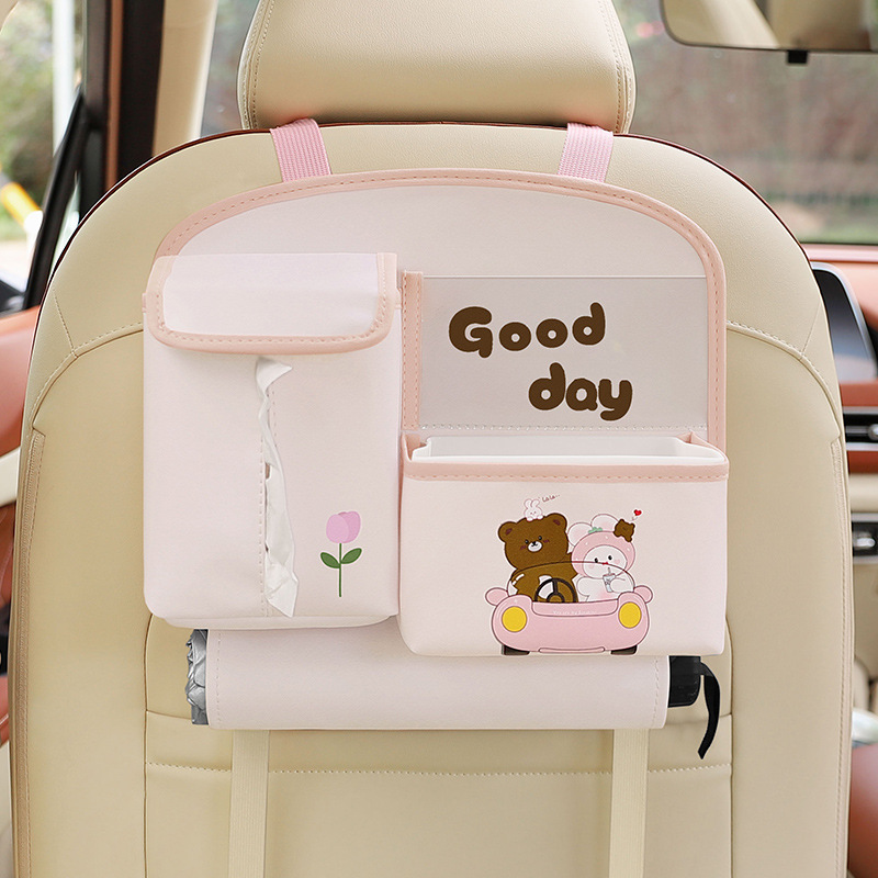 V888-ELOSUNG23532-202504011227-00 Pink Cute Cartoon Car Backseat Organizer with Multi-Pocket Storage and PP Trash Bin - 400g Lightweight PU Leather - Image 1