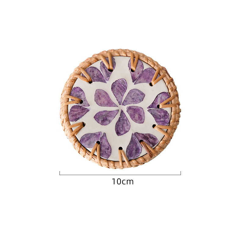 V888-ELOSUNG23683-202504141727-00 4 Pcs Beige Background With Purple flower Handcrafted Rattan Coaster with Natural Shell Inlay - Decorative & Heat Insulating Drink Mat - Image 1