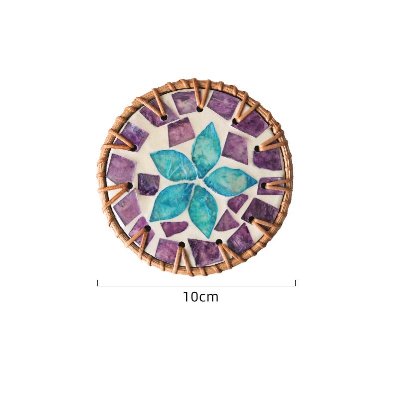 V888-ELOSUNG23686-202504141730-00 4 Pcs Beige Background With Blue and Purple flower Handcrafted Rattan Coaster with Natural Shell Inlay - Decorative & Heat Insulating Drink Mat - Image 1