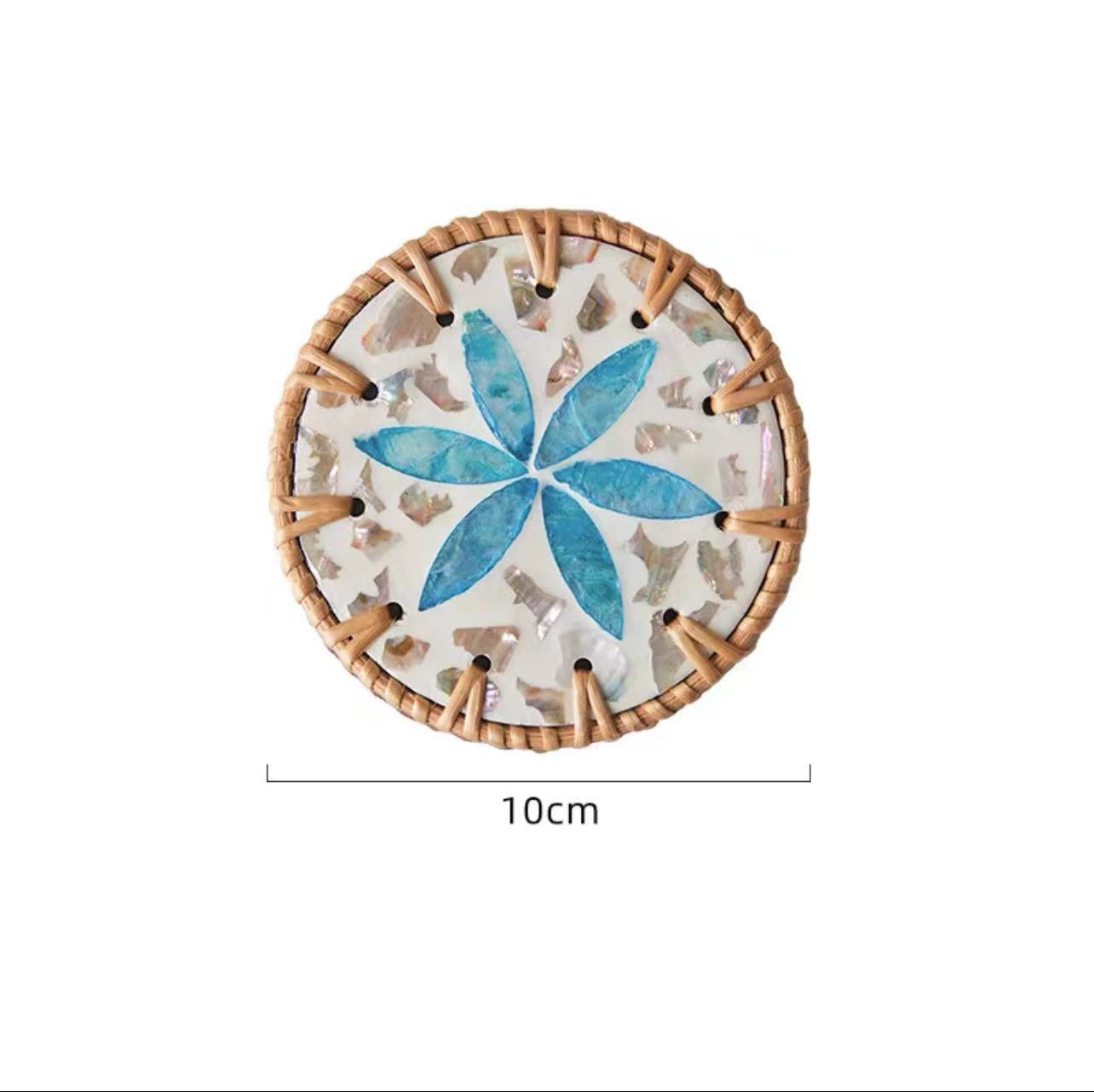 V888-ELOSUNG23689-202504141731-00 4 Pcs Khaki Background With Blue flower Handcrafted Rattan Coaster with Natural Shell Inlay - Decorative & Heat Insulating Drink Mat - Image 1