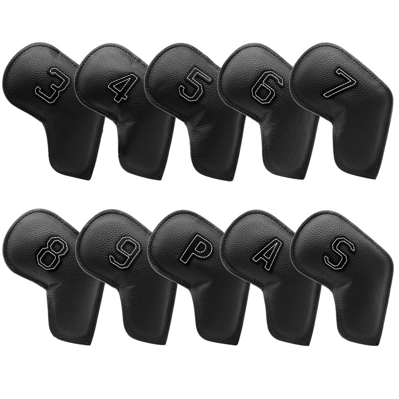 V888-ELOSUNG23720-202504141812-00 Black Golf Iron Head Covers Set of 10 - Waterproof PU Leather Club Protectors with Embroidered Numbers (3-9, P, A, S) - Image 1