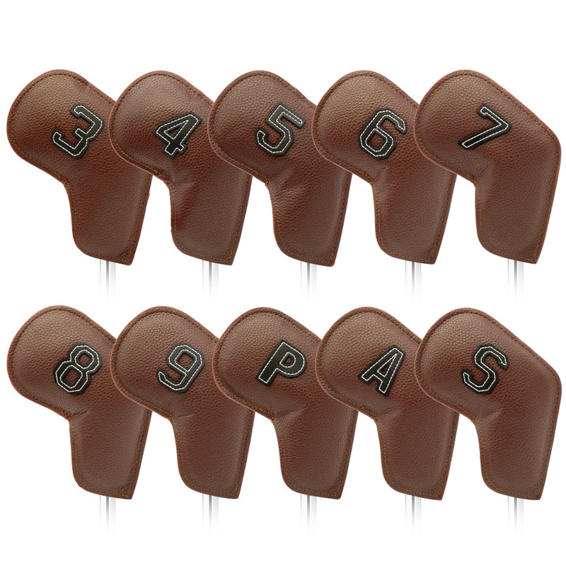 V888-ELOSUNG23726-202504141517-00 Brown Golf Iron Head Covers Set of 10 - Waterproof PU Leather Club Protectors with Embroidered Numbers (3-9, P, A, S) - Image 1