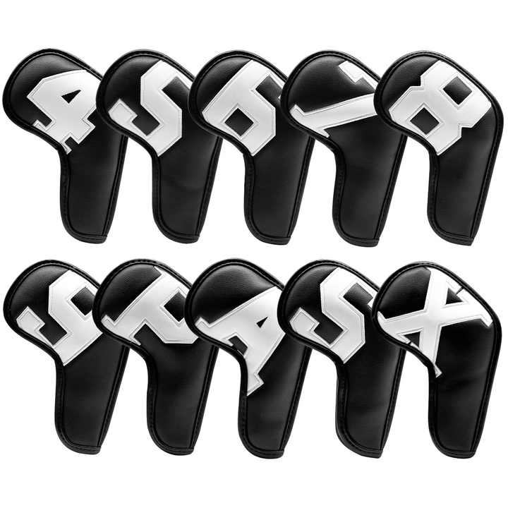 V888-ELOSUNG23740-202504141431-00 White Words On Black Background PU Leather Golf Iron Headcovers Set (10pcs) - Numbered Protective Club Covers (4-9, P, A, S, L) Universal Fit - Image 1