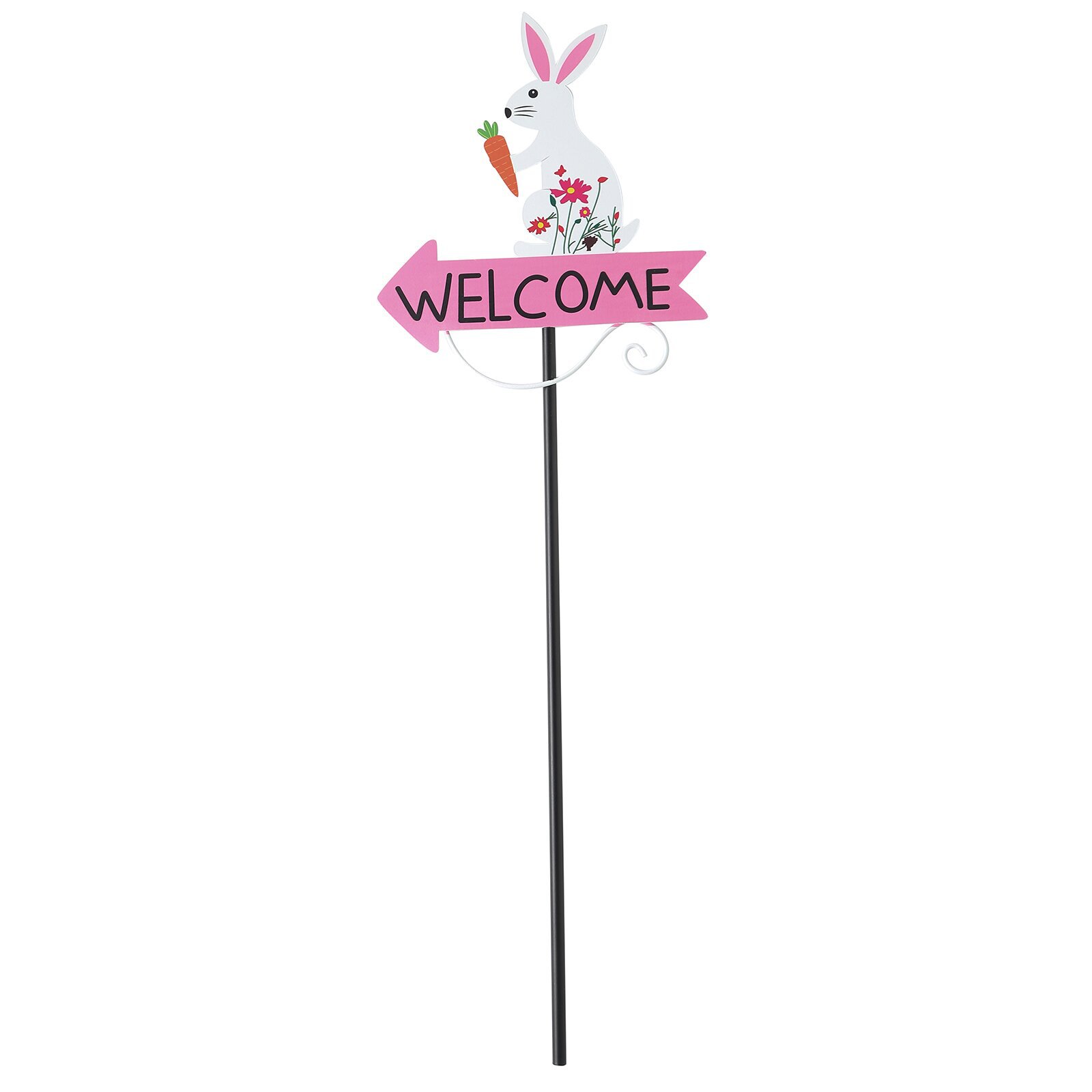 V888-ELOSUNG23789-202504141647-00 White Rabbit and Carrot Pattern Charming Metal Garden Stakes | Welcome Yard & Lawn Decor - Image 1