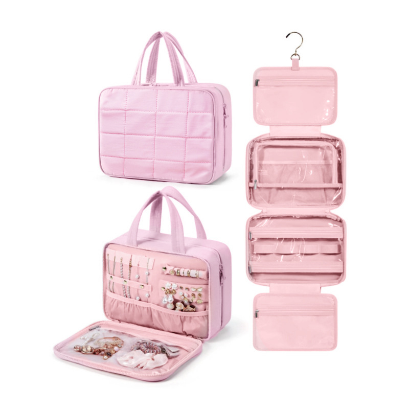 V888-ELOSUNG23868-202504141553-00 Size L Pink Quilted Hanging Toiletry Bag with Jewelry Organizer - Travel Cosmetic Case(31*12*23) - Image 1
