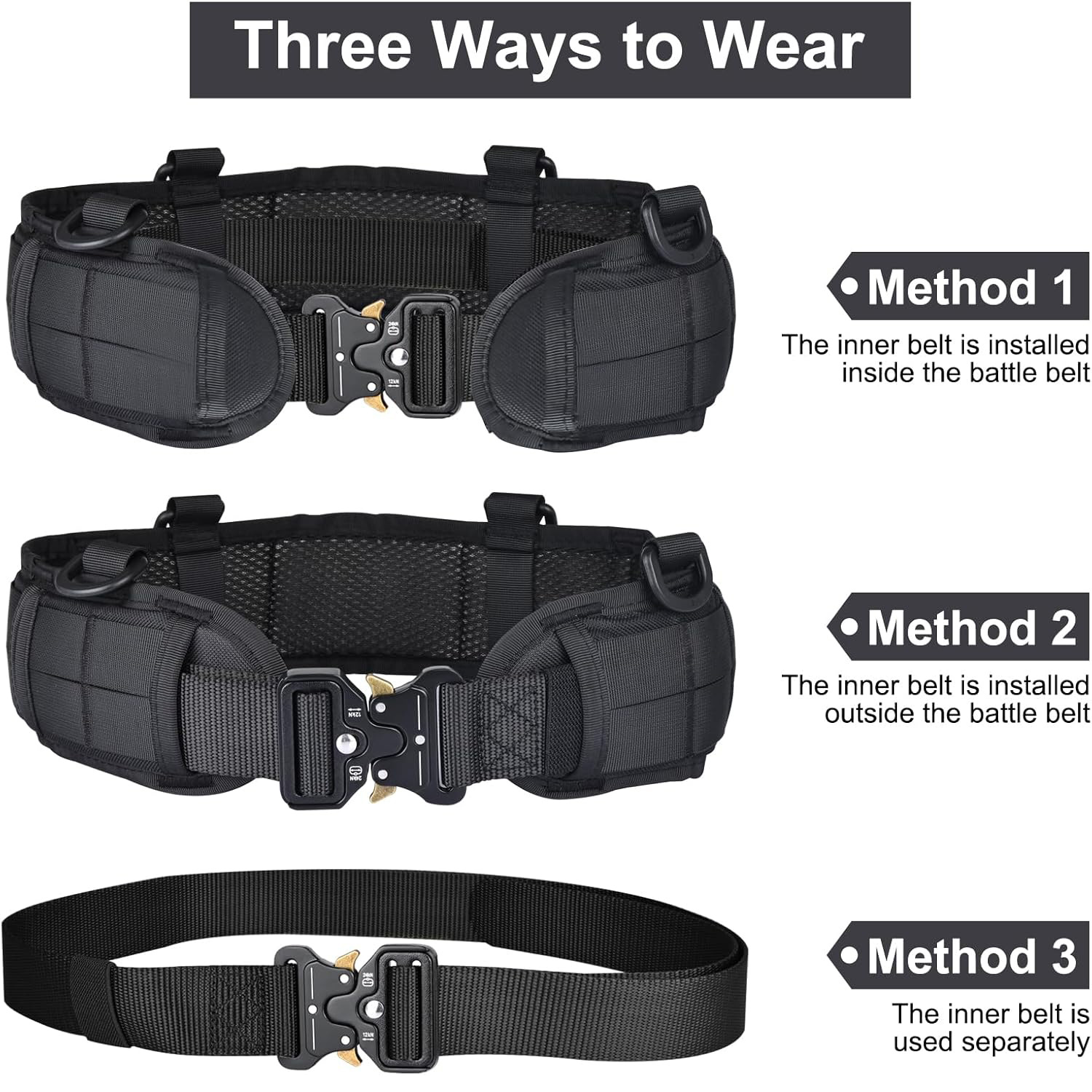 V888-ELOSUNG23949-202504171731-00 Black Adjustable Tactical Battle Belt Set - Padded MOLLE Outer & Nylon Inner Belt - Image 1