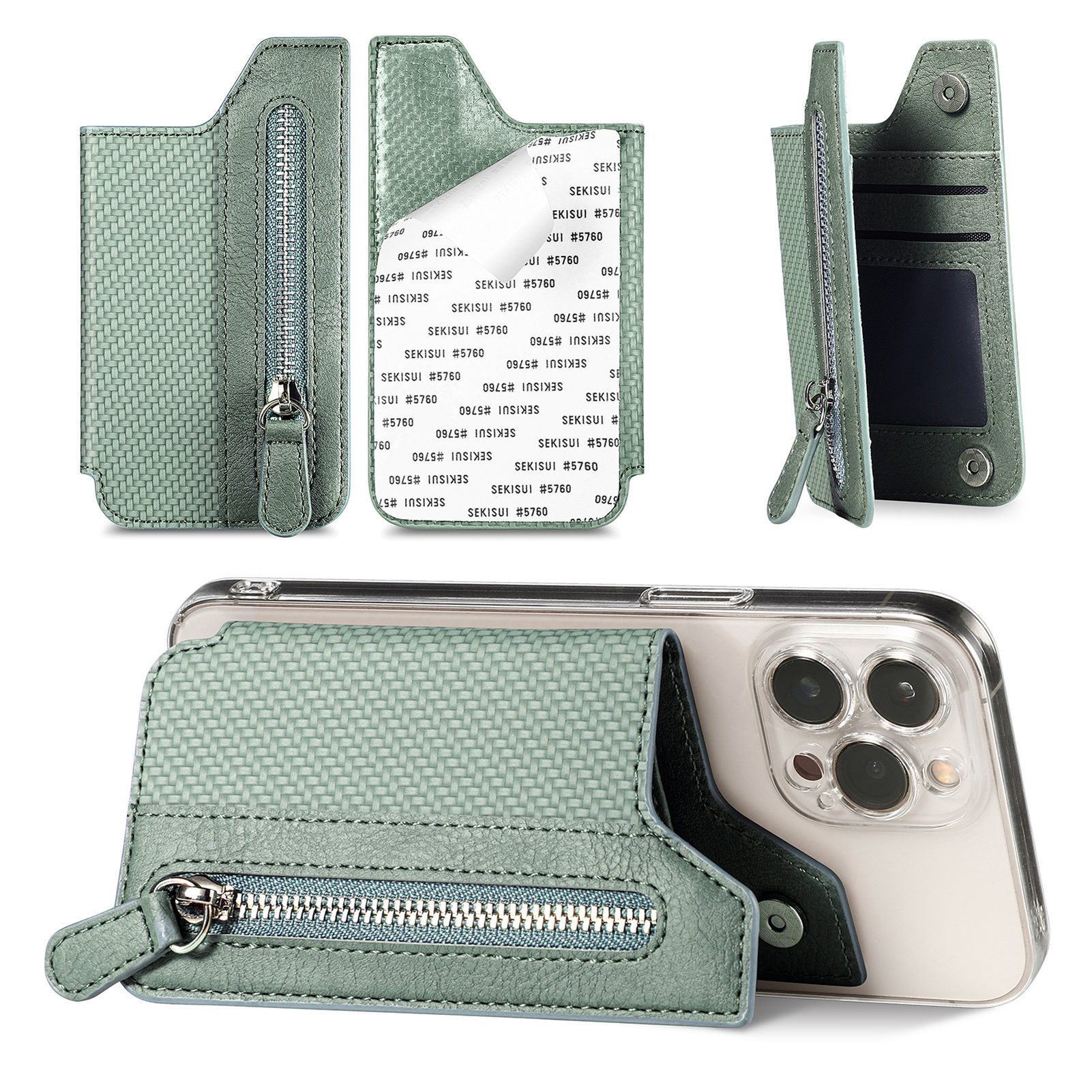 V888-ELOSUNG23960-202504171740-00 2 Pcs Green Multifunction Stick-On Phone Wallet - PU Leather Card Holder with Zipper & Flip Cover - Image 1