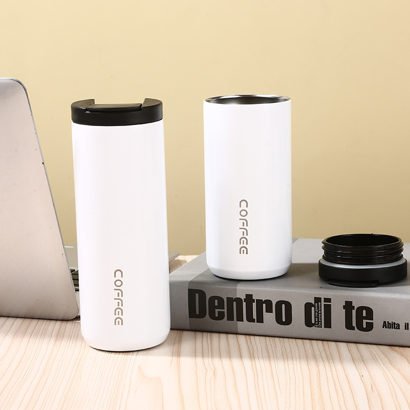 V888-ELOSUNG23982-202504171837-00 White Sleek Insulated Stainless Steel Coffee Tumbler Set (400ml & 500ml) - One-Touch Lid Travel Mugs - Image 1