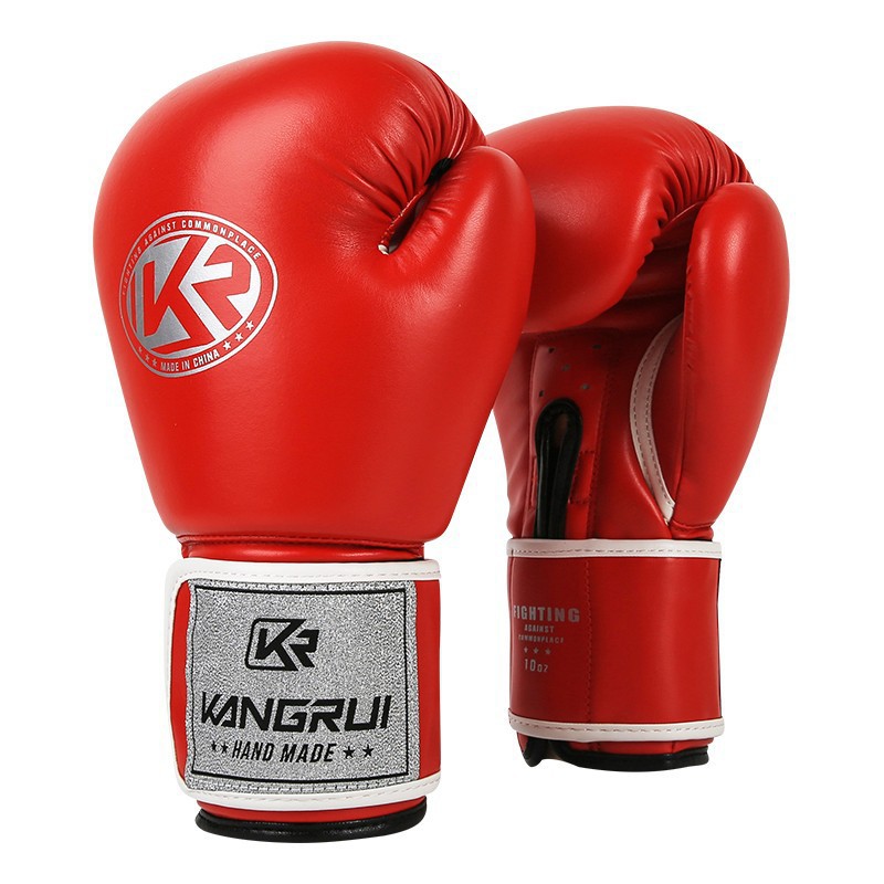 V888-ELOSUNG23996-202504171632-00 Red And Silver Durable 10oz PU Leather Boxing Gloves - Padded & Ventilated for Training - Image 1