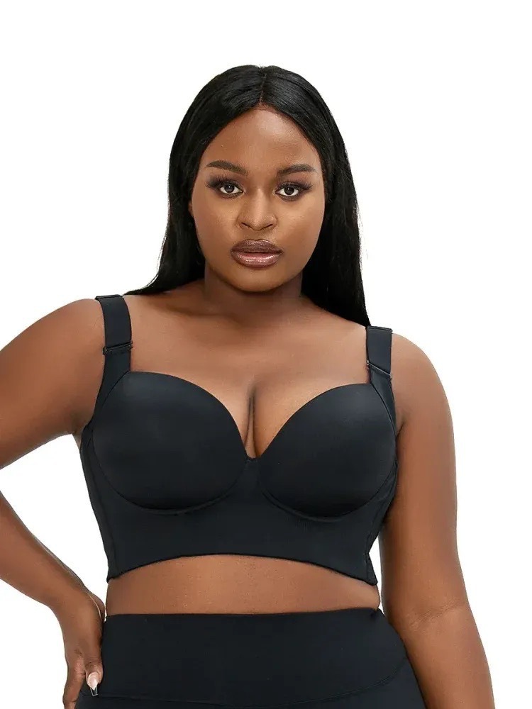 V888-ELOSUNG24035-202503211721-00 34/75E Black Plus-Size Seamless Underwire Bra - Lift & Support Deep V Sports Back Design - Image 1