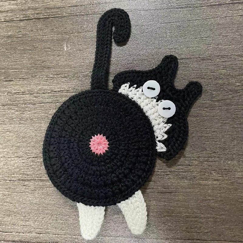 V888-ELOSUNG24202-202503251831-00 Black-white Cat Butt Coasters 3-Piece Set - Cute Knitted Drink Coasters for Cat Lovers - Image 1