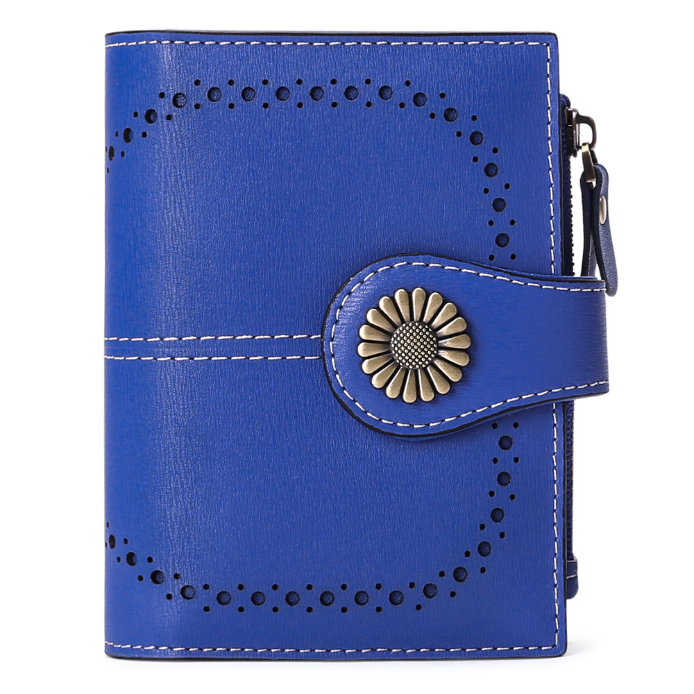 V888-ELOSUNG24279-202503282041-00 Navy Blue (Plain) Women's Short Leather Wallet - European Style Waxed Leather Coin Purse with Zipper Card Holder in Red - Image 1