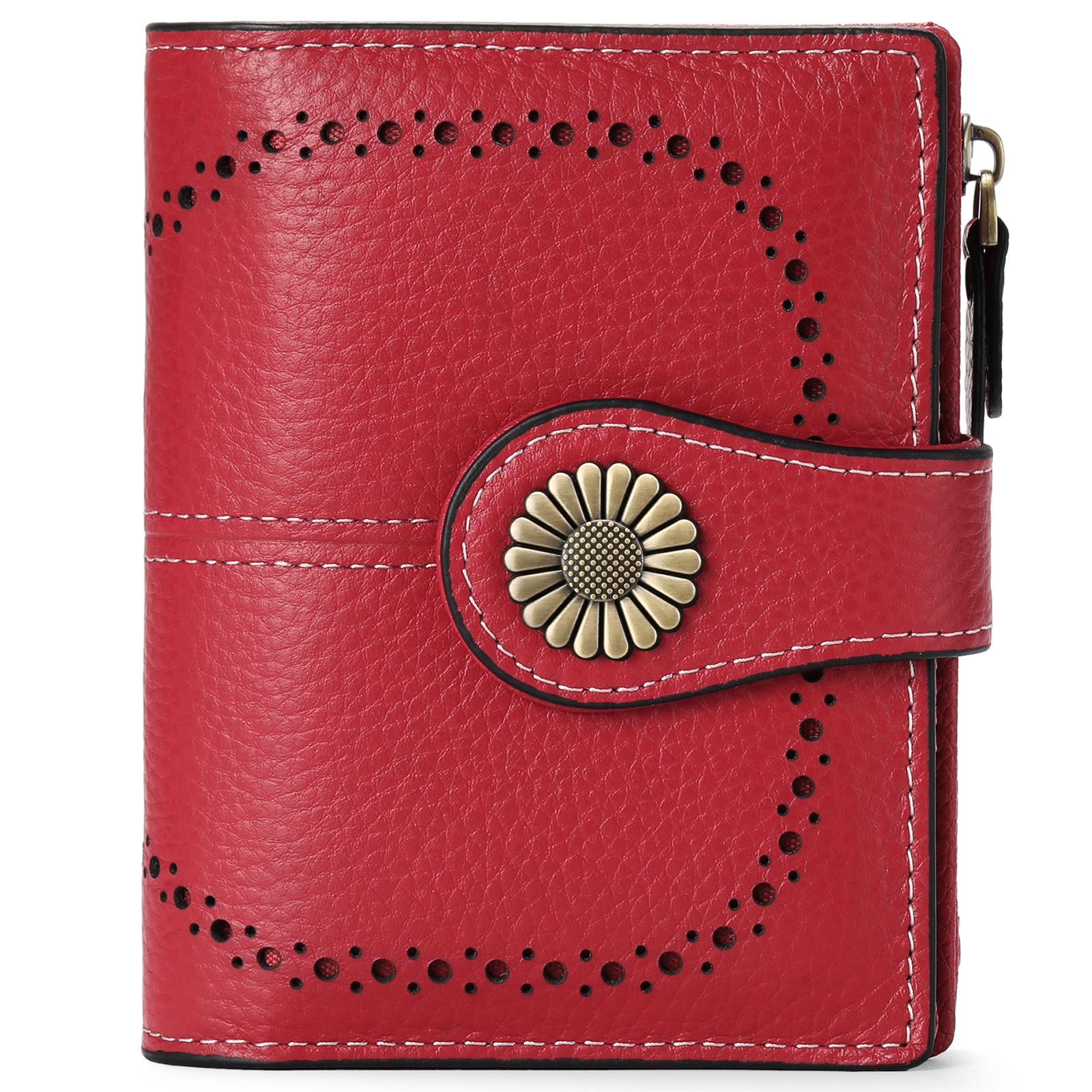 V888-ELOSUNG24280-202503282041-00 Red (Wrestling) Women's Short Leather Wallet - European Style Waxed Leather Coin Purse with Zipper Card Holder in Red - Image 1