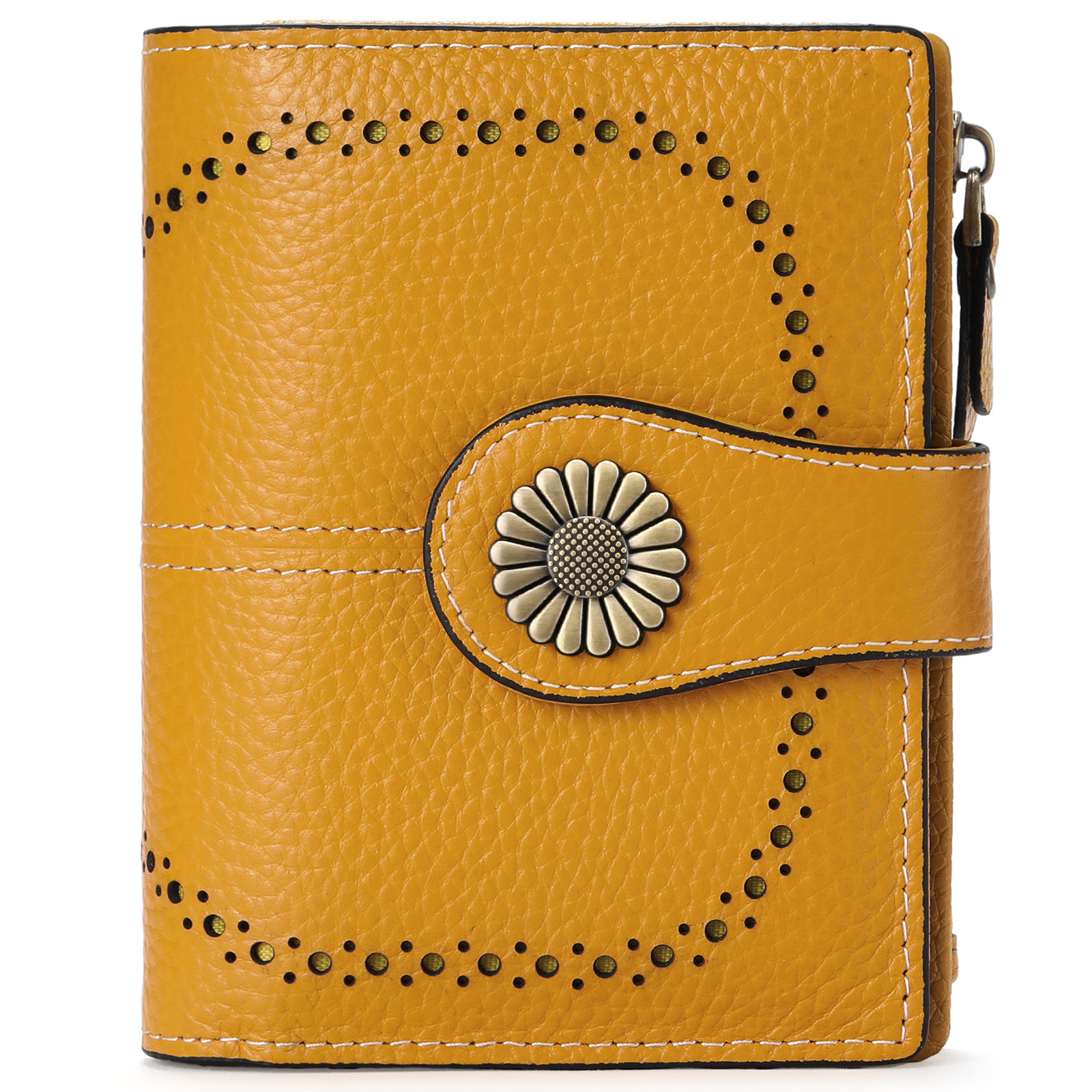 V888-ELOSUNG24282-202503282041-00 Yellow (Wrestling) Women's Short Leather Wallet - European Style Waxed Leather Coin Purse with Zipper Card Holder in Red - Image 1