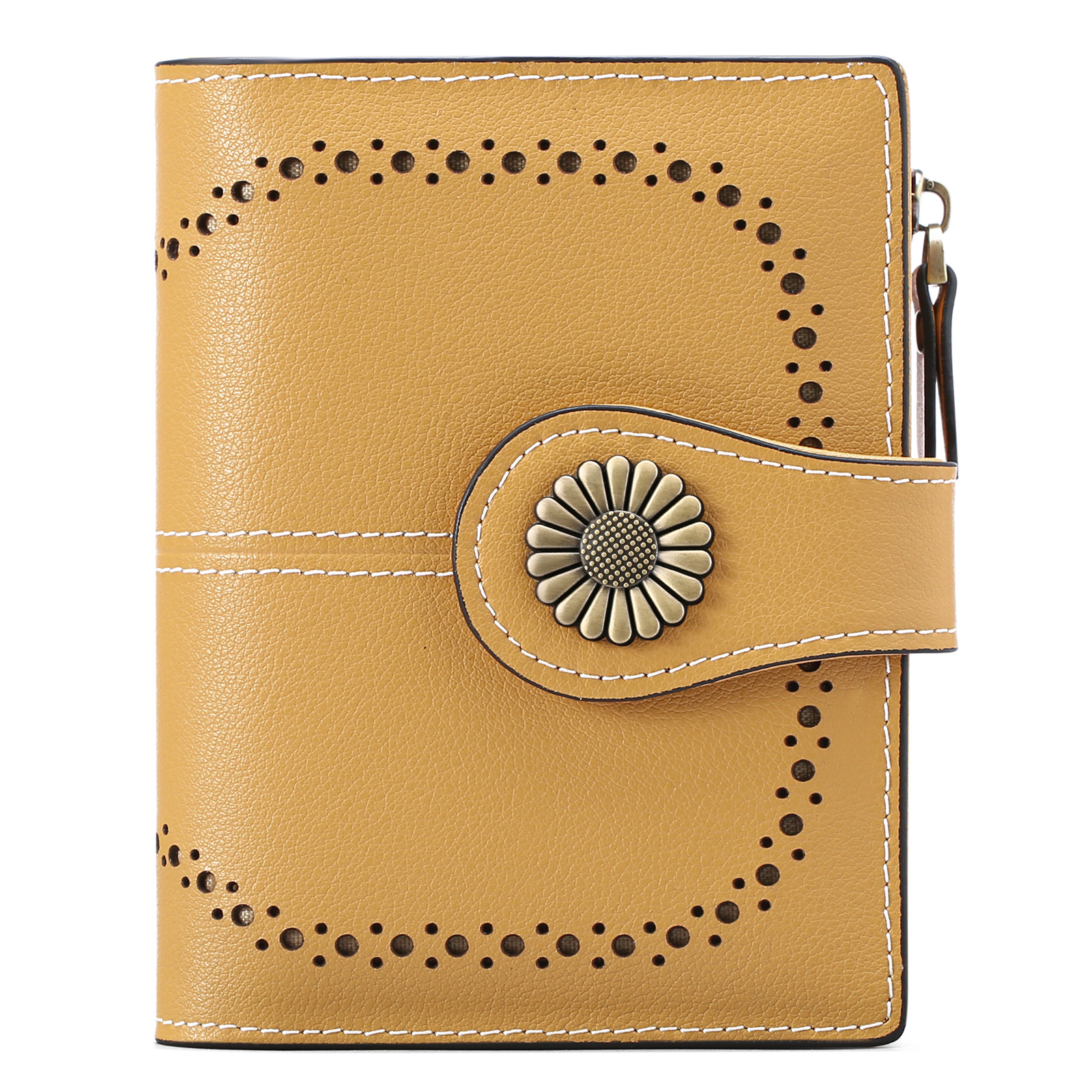 V888-ELOSUNG24311-202503282120-00 Yellow (Star Napa) Women's Short Leather Wallet - European Style Waxed Leather Coin Purse with Zipper Card Holder in Red - Image 1