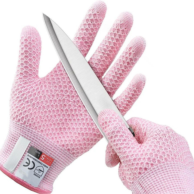 V888-ELOSUNG24485-202504031732-00 Pink 3-Pack Cut Resistant Gloves (Level 5 Protection) – Pineapple Grip, Touchscreen Compatible, Food Safe for Kitchen, Butcher & Fish Cleaning – One Size Fits Most - Image 1