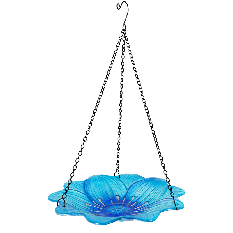 V888-ELOSUNG24670-202504171652-00 Blue Decorative Hanging Glass Flower Bird Bath - 10 Inch Vibrant Outdoor Garden Accent - Image 1