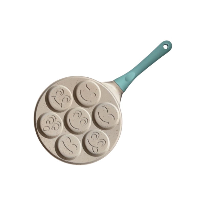 V888-ELOSUNG24750-202504171622-00 Beige Smiley + Blue Handle (Gas Model) Non-Stick Pancake Pan - 7-Hole Fun Shapes Breakfast Griddle (27cm) - Image 1