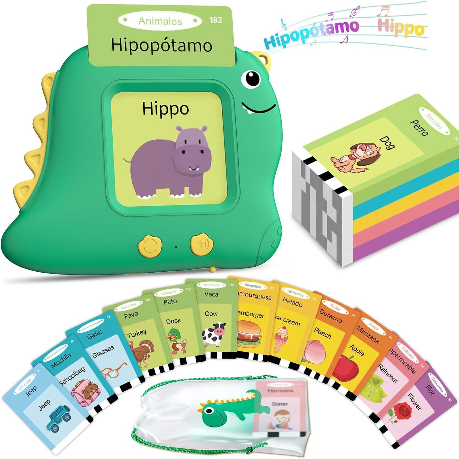V888-ELOSUNG24763-202504171630-00 Little Green Dinosaur Spanish & English Bilingual Flash Card Reader - Interactive Audio Learning Toy (112 Cards) - Image 1