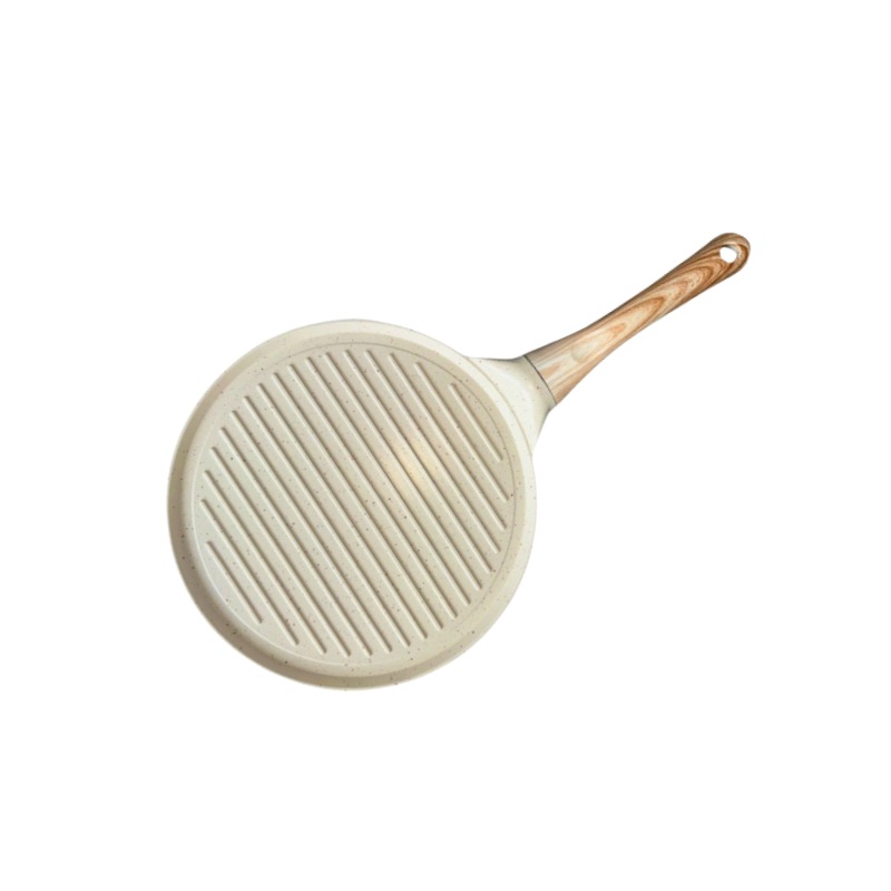 V888-ELOSUNG24793-202504171632-00 Beige Steak + Wood Grain Handle (Gas Model) Non-Stick Pancake Pan - 7-Hole Fun Shapes Breakfast Griddle (27cm) - Image 1
