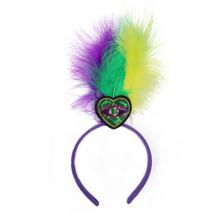 V888-ELOSUNG24872-202504211242-00 Heart Pattern Festive Mardi Gras Feather Headband Set - 10 Pack Sequin Jester Hat Party Accessory - Image 1