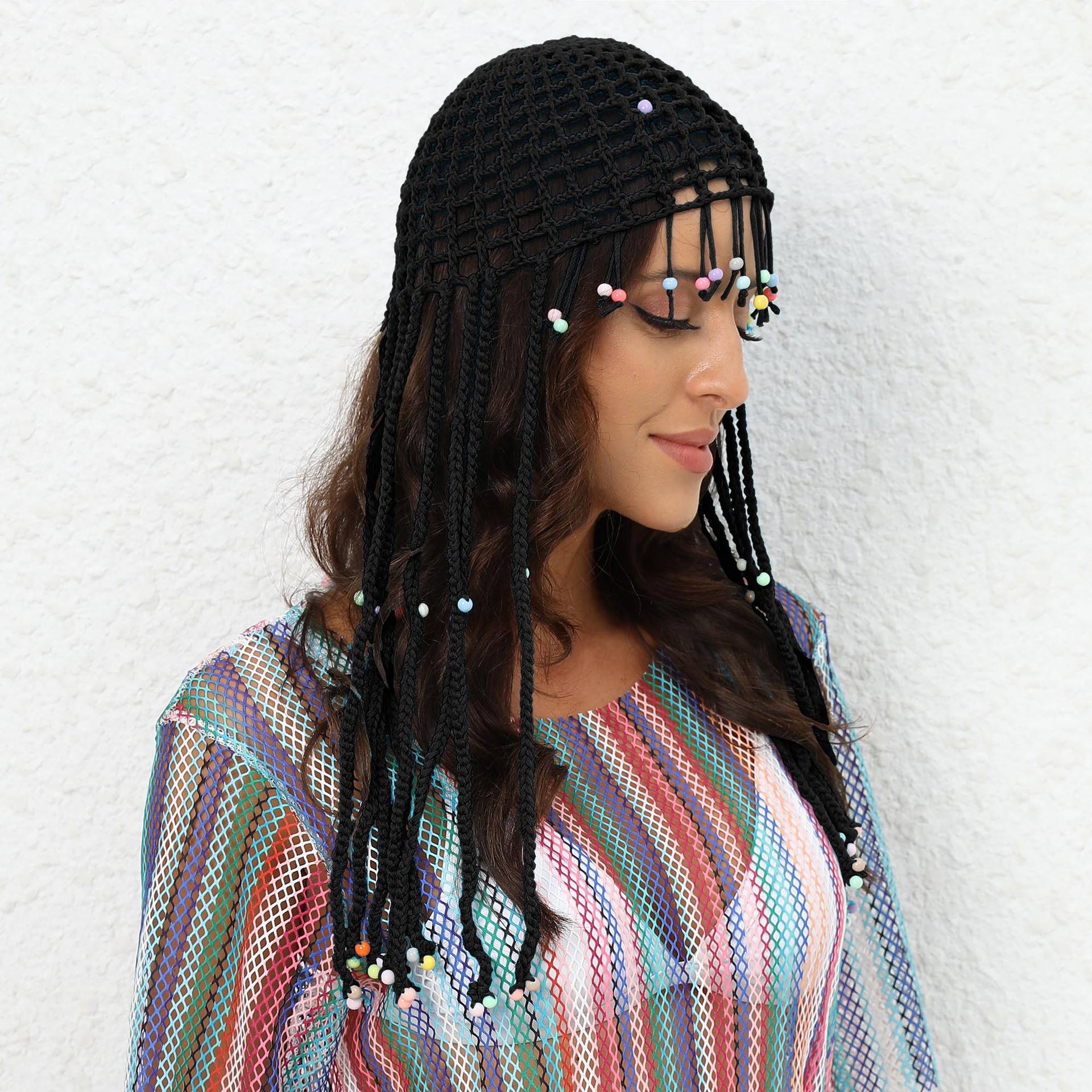 V888-ELOSUNG24909-202504211311-00 Black Boho Hand-Crocheted Tassel Sun Hat - Lightweight Breathable Beach Cap (Fits 55-60cm) - Image 1