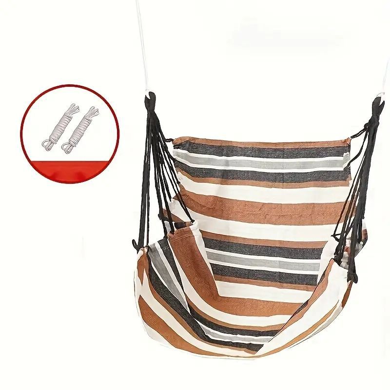 V888-ELOSUNG25075-202504141330-00 Colorful Striped Hammock Chair with Ropes and Storage Bag - Brown Stripes - Image 1
