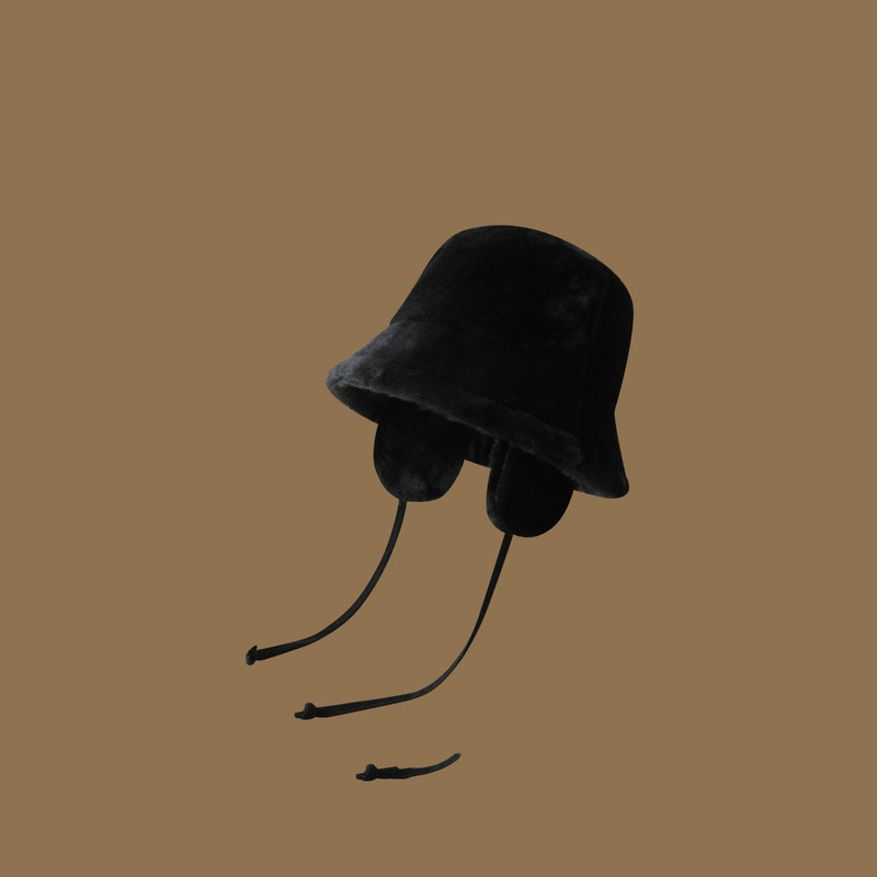 V888-ELOSUNG25170-202504171841-00 Plush Bucket Hat with Ear Flaps,Warm Furry Winter Hat in Black-One size (54-59cm) adjustable - Image 1