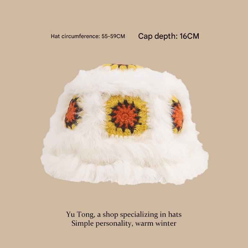 V888-ELOSUNG25174-202504171843-00 Plush Floral Bucket Hat,Warm Crocheted Winter Hat in White yellow-Hat circumference: 56-60cm - Image 1