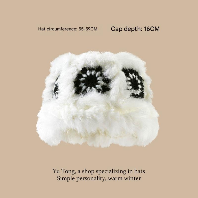 V888-ELOSUNG25176-202504171620-00 Plush Floral Bucket Hat,Warm Crocheted Winter Hat in Black and White-Hat circumference: 56-60cm - Image 1