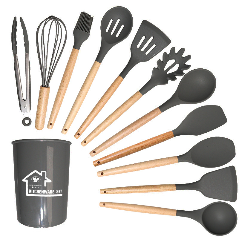 V888-ELOSUNG25199-202504211141-00 Dark Grey 11-Piece Silicone Kitchen Utensil Set with Wooden Handles and Storage Bucket - Heat Resistant and Non-Stick - Image 1
